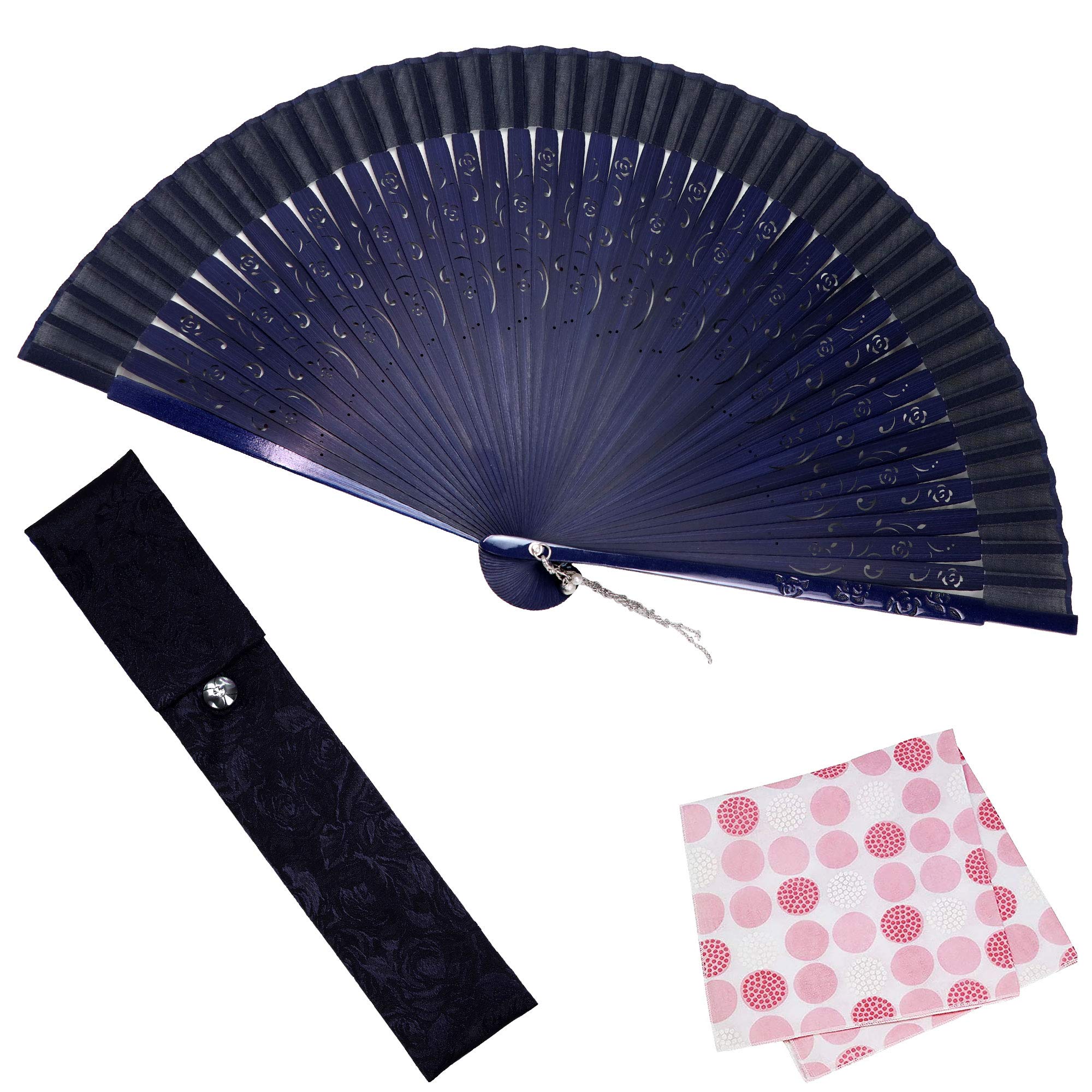[Osaka Choseido] Women s Stylish Business Fan Set with Fan Case and Handkerchief - Rose (Navy)