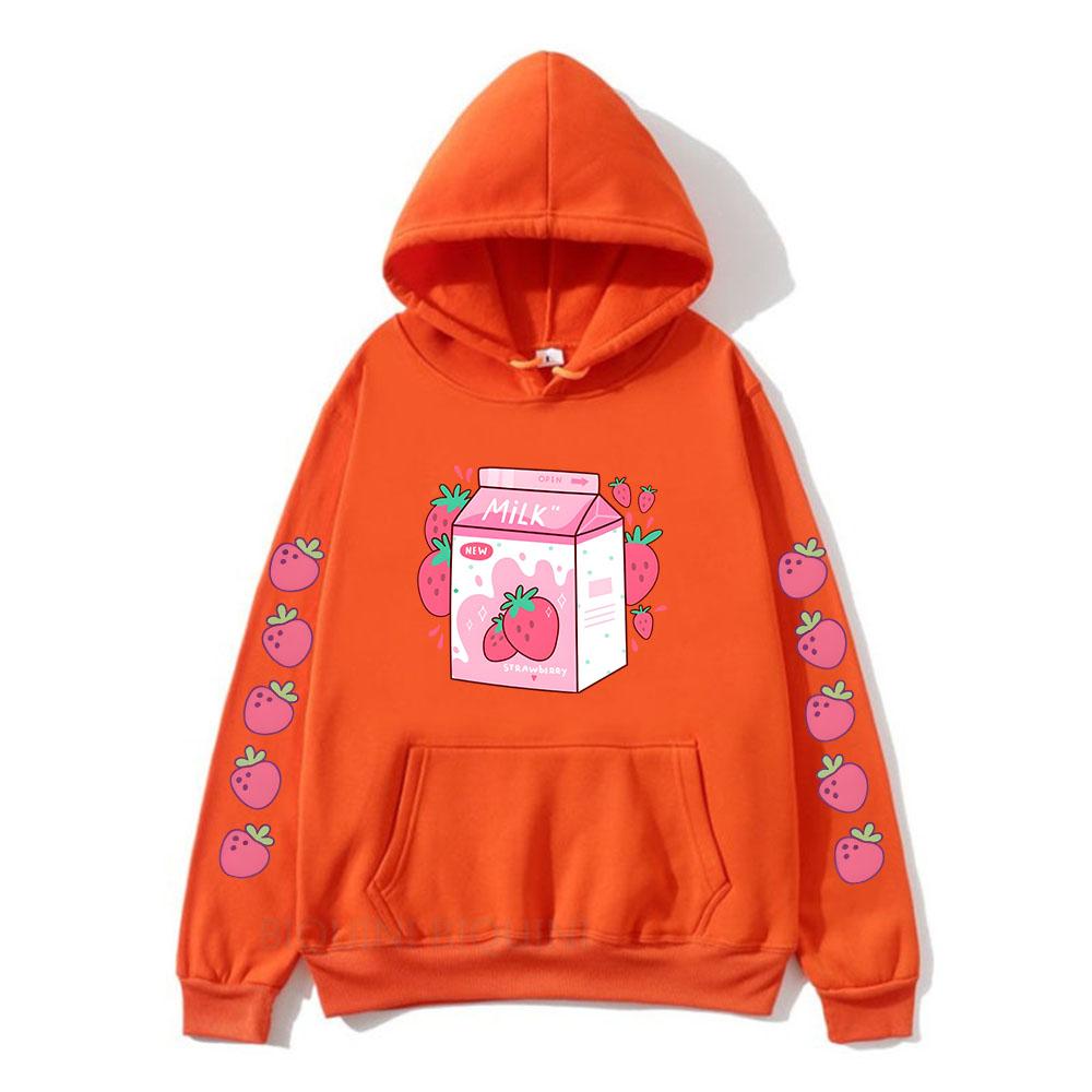 

Толстовки с принтом «Клубничное молоко» для женщин и мужчин, зимние свитера с капюшоном для девочек, милые толстовки с принтом Sudaderas XS оранжевый