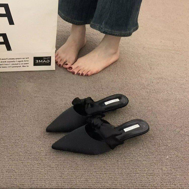 

Весенний туман фиолетовый бант низкий толстый каблук мюли женская верхняя одежда 2025 весна и лето острый замшевый на одно слово с полушлепками 39 чёрный