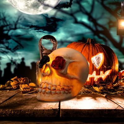 Halloween Skull Night Light with Rose Resin Craft Realistic Spooky Ghost Festival LED Atmosphere Lamp Home Party Decoration Gift