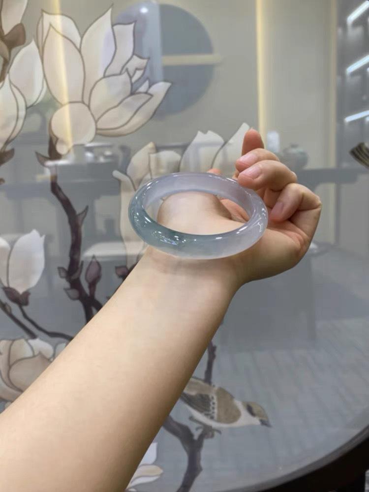 Floating Flower Jade Bangle for Women - Oil Green Burmese Treated Jadeite, Concubine Style 53mm