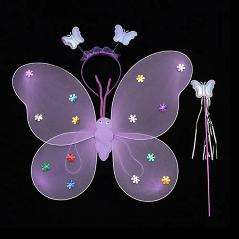 3Pcs/Set Kids Glitter Butterfly Headband Wings Wand Photography Outfit Children Fairy Tale Props