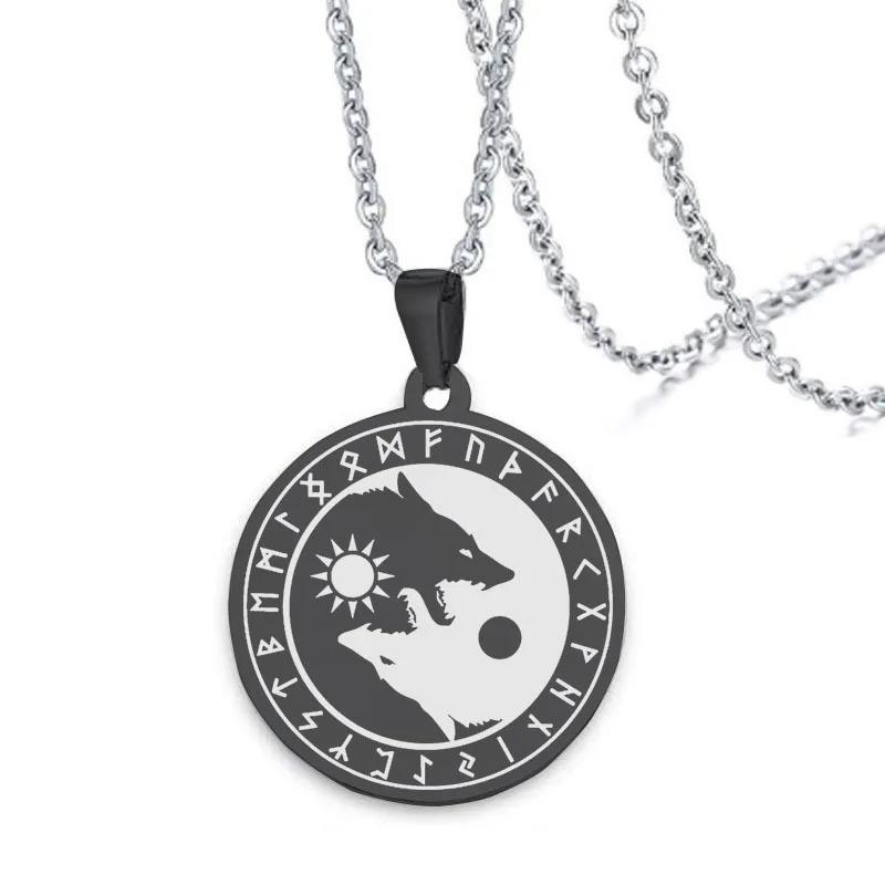 Stainless Steel Yin Yang Wolf Sun Moon Pendant Norse Viking Necklace Nordic Talisman Amulet