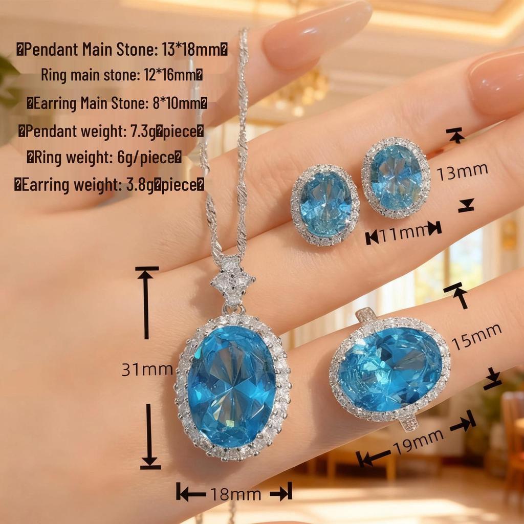 Ocean Blue Oval Jewelry Set: Elegant Three-Piece Necklace, Earrings & Ring for Any Occasion