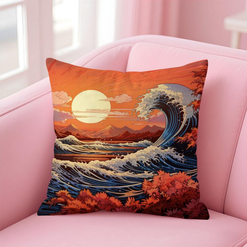 Japanese Waves Cushion Cover Linen Pillowcase Cover Soft Decor for Sofa Home Room