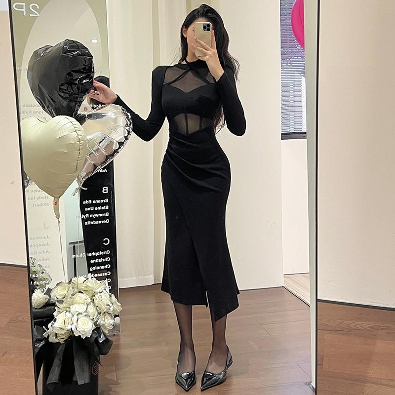 Curvy Mesh Splice Long-Sleeve Dress - Autumn Waist-Slimming Hip Skirt