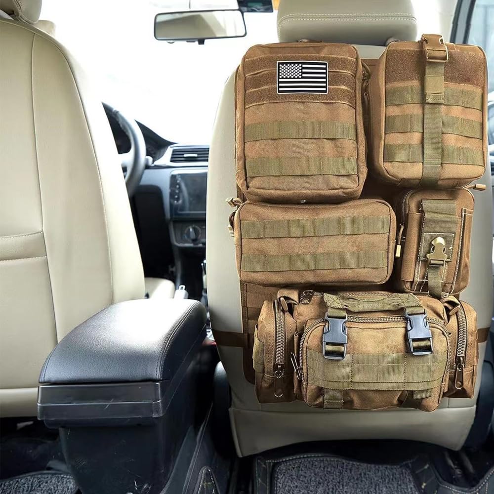MOLLE Vehicle Universal Car Seat Back Molle Panel Organizer Storage Bag with 5 Detachable Molle Pouches Organizer, Organizer,