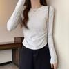 Simple slim-fitting and thin T-shirt top, spring pleated card waist long-sleeved women's inner bottoming shirt