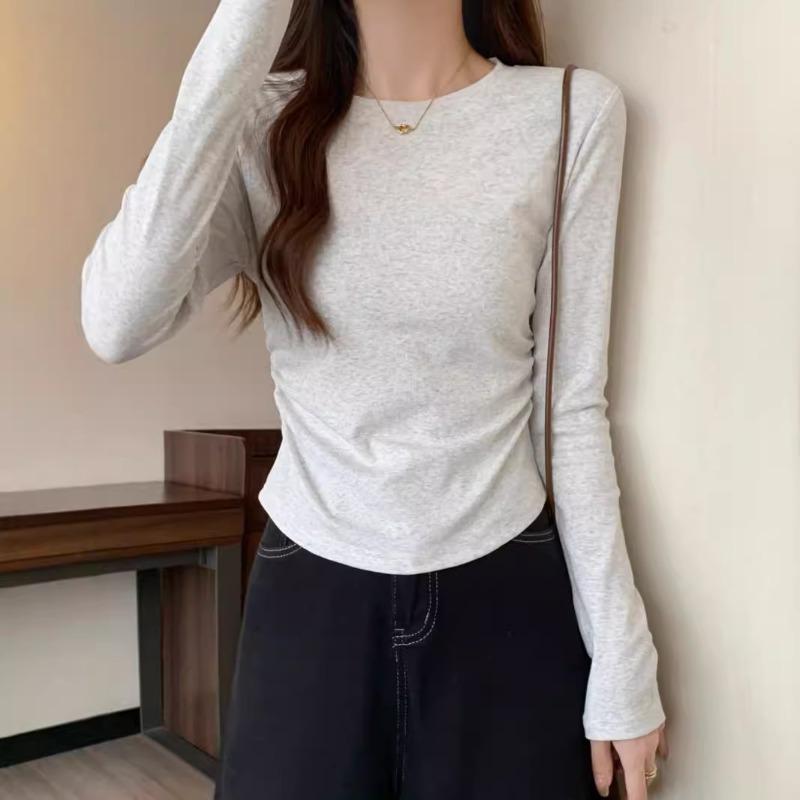 Simple slim-fitting and thin T-shirt top, spring pleated card waist long-sleeved women's inner bottoming shirt