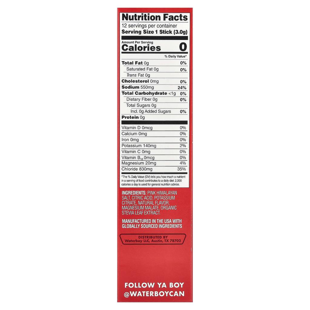 Waterboy, Daily Hydration, Electrolyte Drink Mix, Watermelon Flavor, 12 Stick Packs, 3g (0.11oz) Each