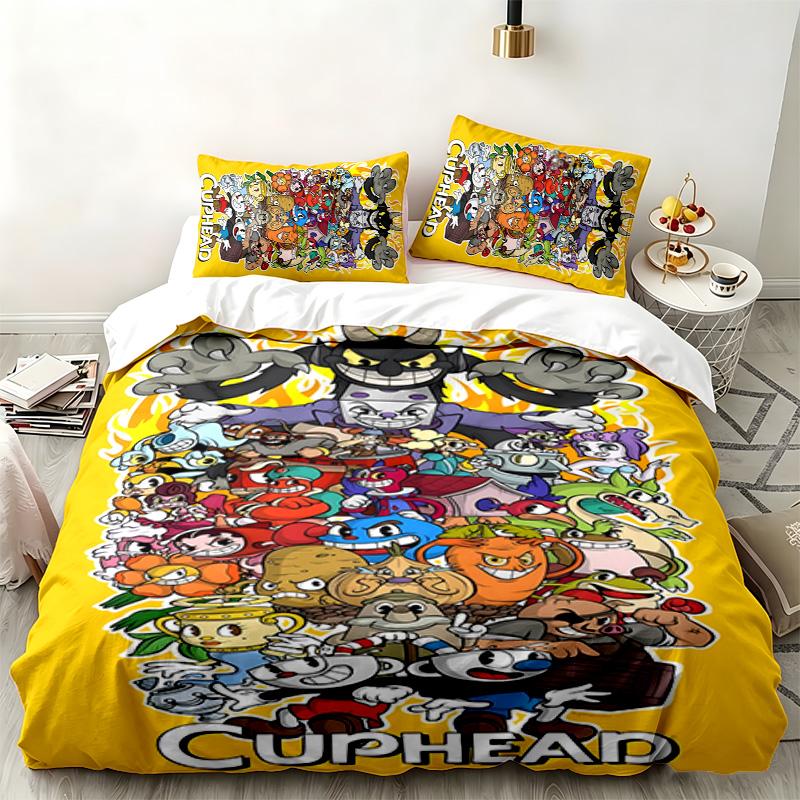 Set 3 pezzi Cuphead Perfetto per la camera da letto Set letto confortevole include una copripiumino e due federe Ideale regalo di compleanno o di Natale