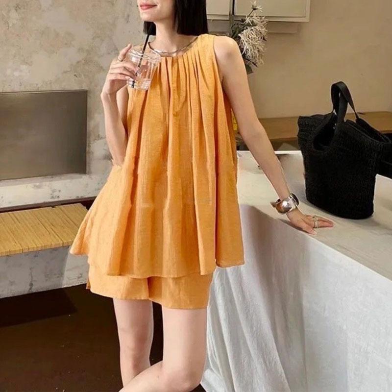 Sommer Stilvolle Falten Passende Sets Ärmellos Locker O-Ausschnitt Zweiteiliges Set Basic Einfarbig Lässige Shorts Sets