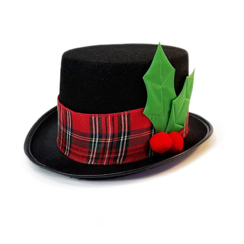 New Christmas Tree Top Hat Ornament Decoration Snow Man Headwear Wide Brim Fedora Hat Red Plaid Berry Hat Cosplay Party Dress Up
