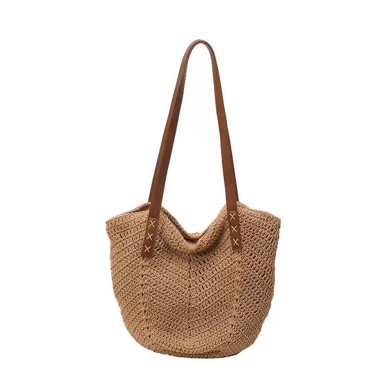 

New cotton thread shoulder handwoven bag versatile straw woven bag seaside vacation beach bag large capacity tote women s bag welt zipper