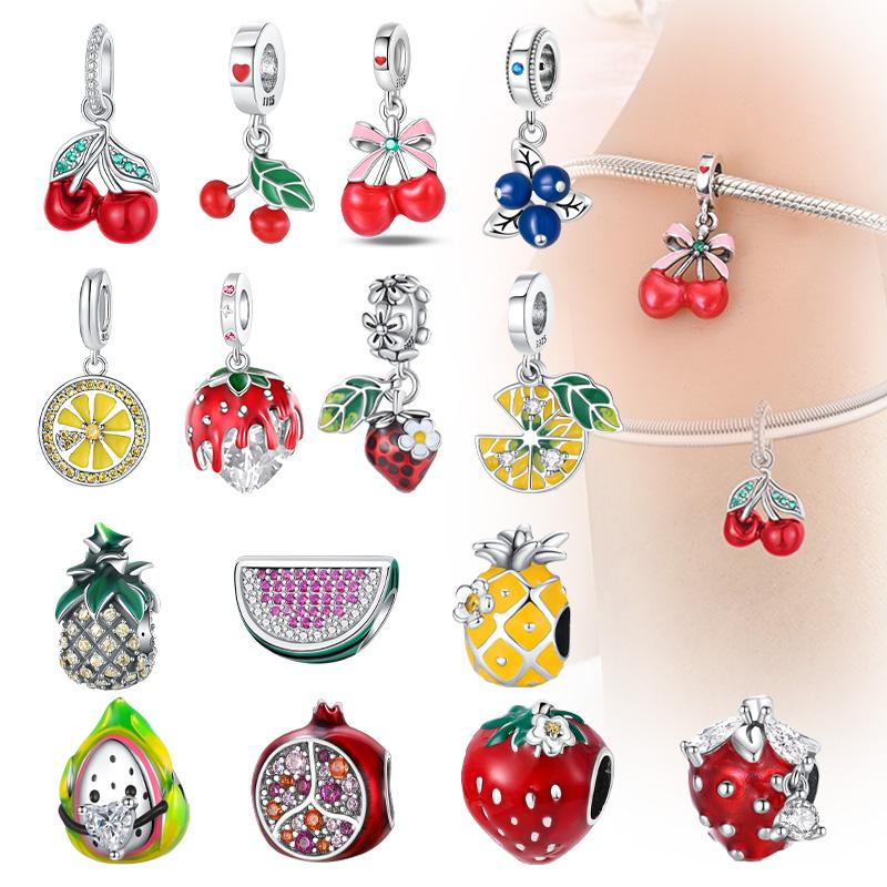 Pandara Jewelry Women's Copper Fruit Series Cherry Strawberry Pendant Jewelry Beads For Original Bracelet Exquisite Plata Bead Gift