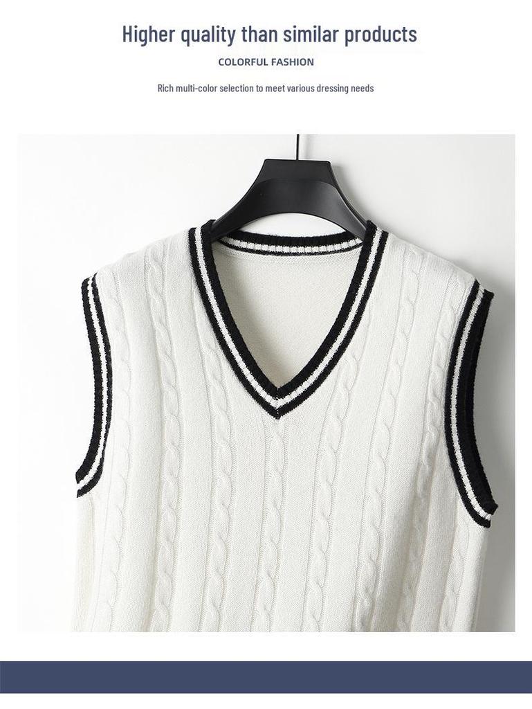 Men's College-Style 100% Wool Knitted Vest, Autumn/Winter Cable Knit, Contrasting Colors, Thickened Sleeveless Design