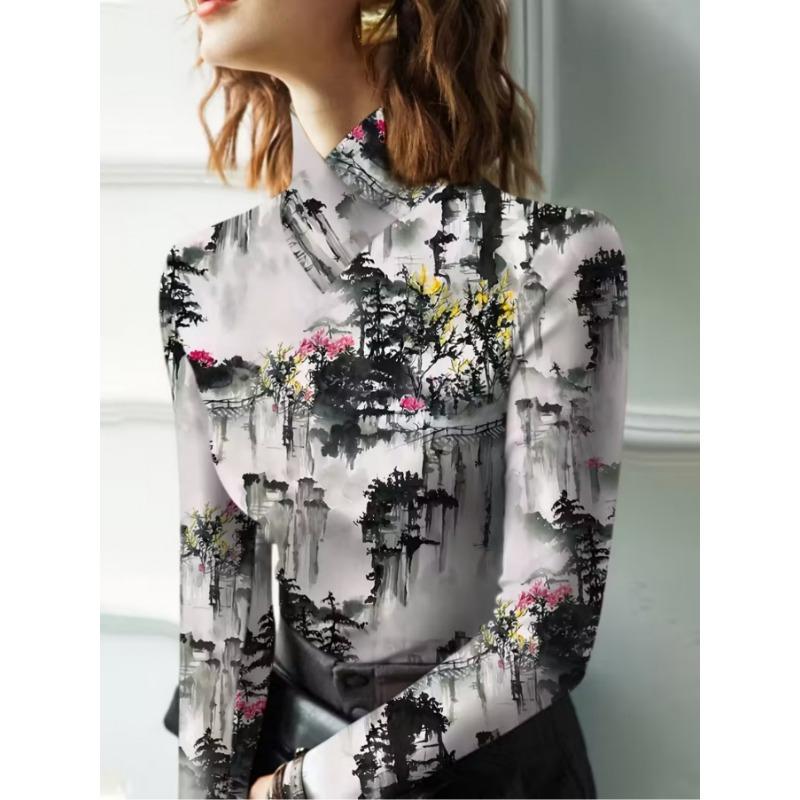 Ladies Shanshui Former Residence Long Sleeve Shirt - Half Turtle Collar T-Shirt Top, Slight Elasticity - Versatile Shirt for All Seasons