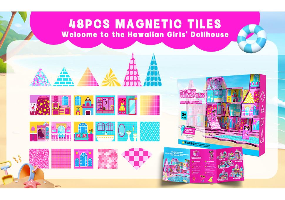 Colorful Magnetic Tiles Pink Dollhouse Set - STEM Educational Toy