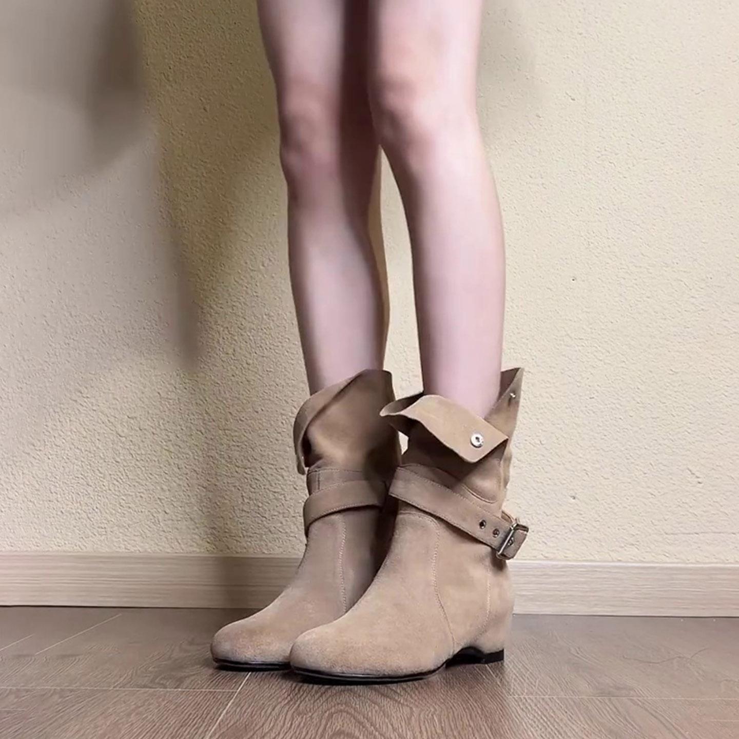 

Lan Cabinet Home~ Retro Maillard Fold Two Wear Short Boots Women s Inner Height Increasing Belt Buckle Skinny Western Cowboy Boots 40 хаки