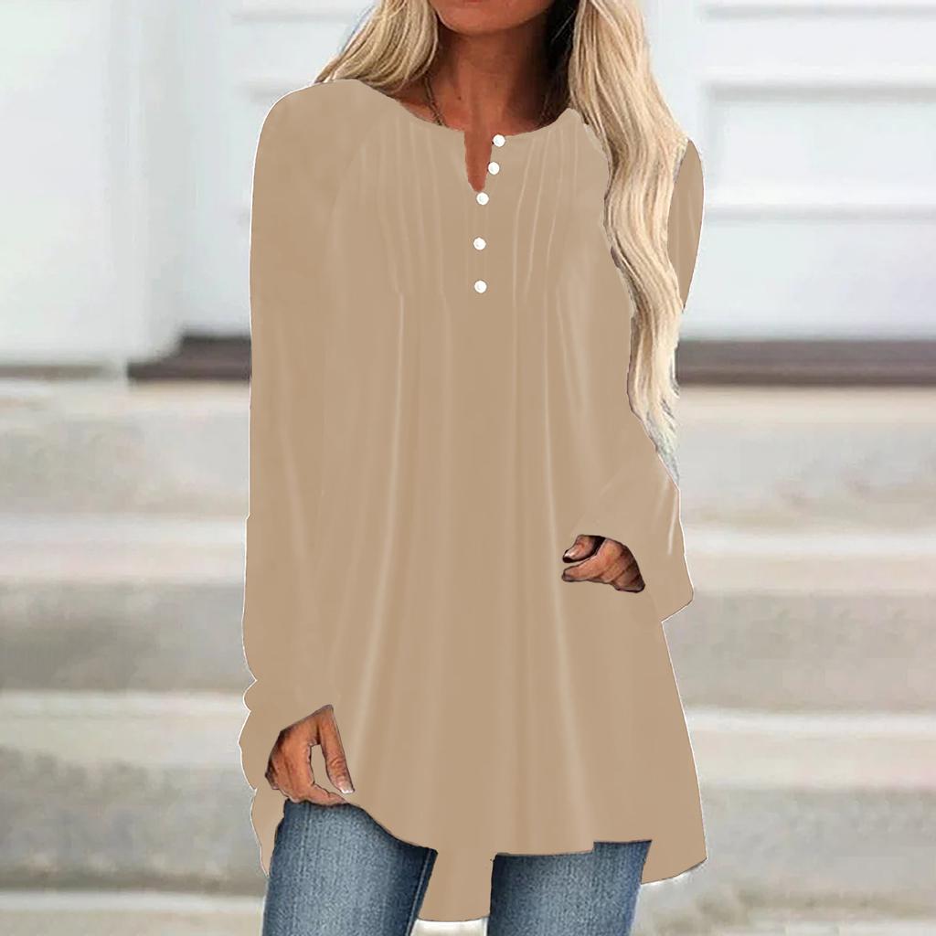 Women's V Neck Long Sleeve Velvet Tunic Top Pleated Button Front A Line Flowy Blouse