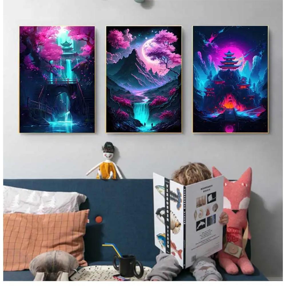 Fantasy Pink Neon Color Landscape Wall Art Canvas Paintings Japanese Anime Cyberpunk Poster Prints Pictures For Home Decoration
