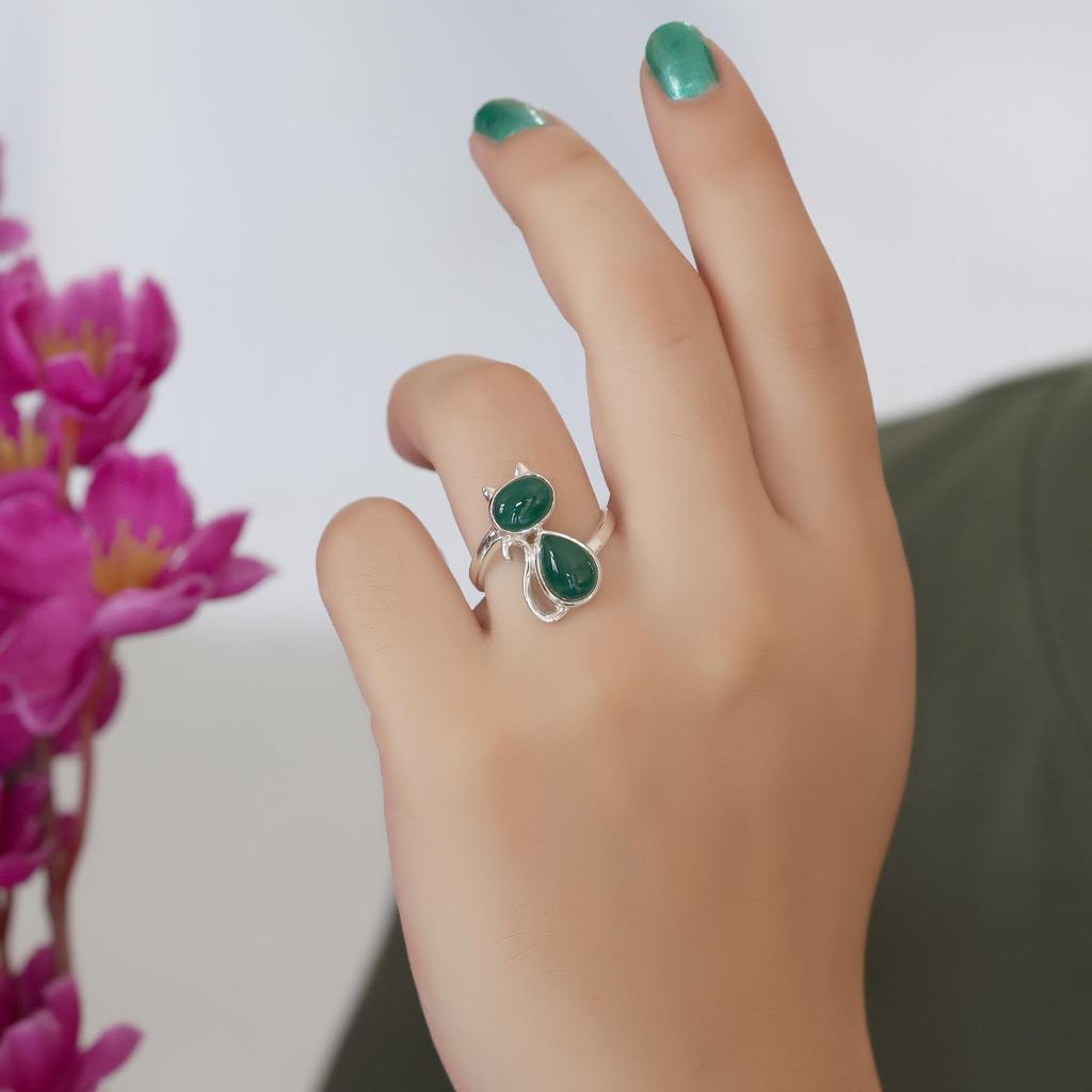 Green Onyx Silver Cat Ring, Gifts For Her, 925 Sterling Silver Handmade Jewelry, Silver Animal Jewelry, Women Ring Ar8926