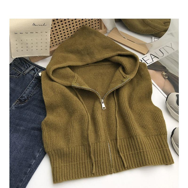 Women's Hooded Knitted Vest Autumn and Winter Zipper Cardigan Sweater Vest Top