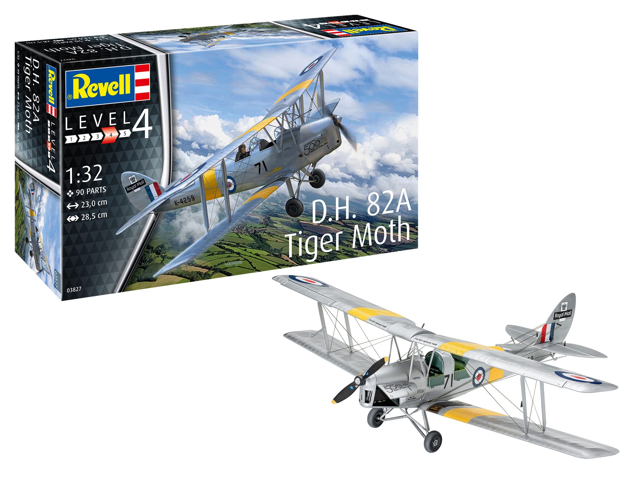 

German Revell 1/32 scale Royal Air Force D.H. 82A Tiger Moth plastic model kit 03827, molded in color