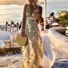 Deep V Neck Sleeveless Waist Tight Flowy Hem Sexy Dress Women Bronzing