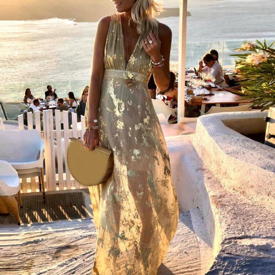 Deep V Neck Sleeveless Waist Tight Flowy Hem Sexy Dress Women Bronzing