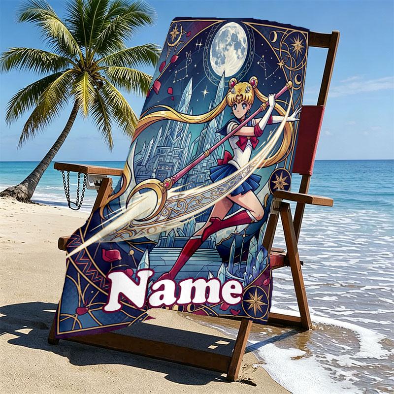 Custom Name Personalized Sailor Moon Print Beach Towel, for Trip Camping Beach Party Home Decor, Birthday Gift for Family & Friends