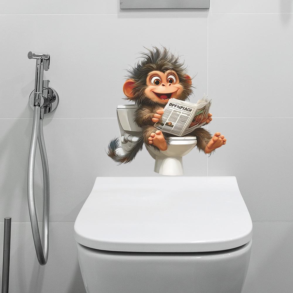 Funny Monkey Reading Newspaper On Toilet Seat Sticker Bathroom Decor Removable Self-Adhesive Decal