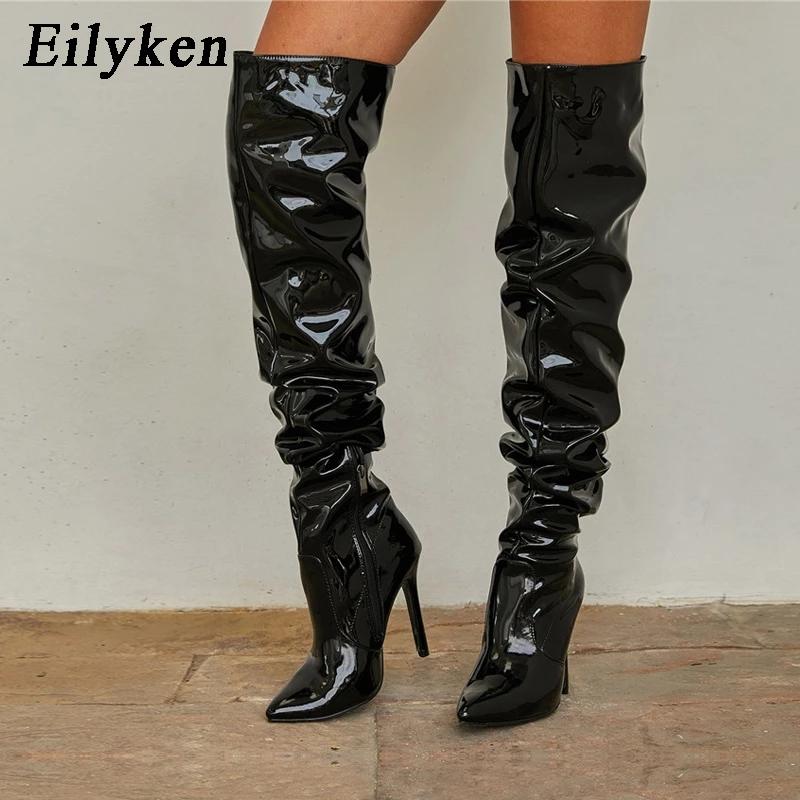 Eilyken Botas por encima de la rodilla de charol plisado de alta calidad para mujer, zapatos altos hasta el muslo con cremallera y punta estrecha a la moda