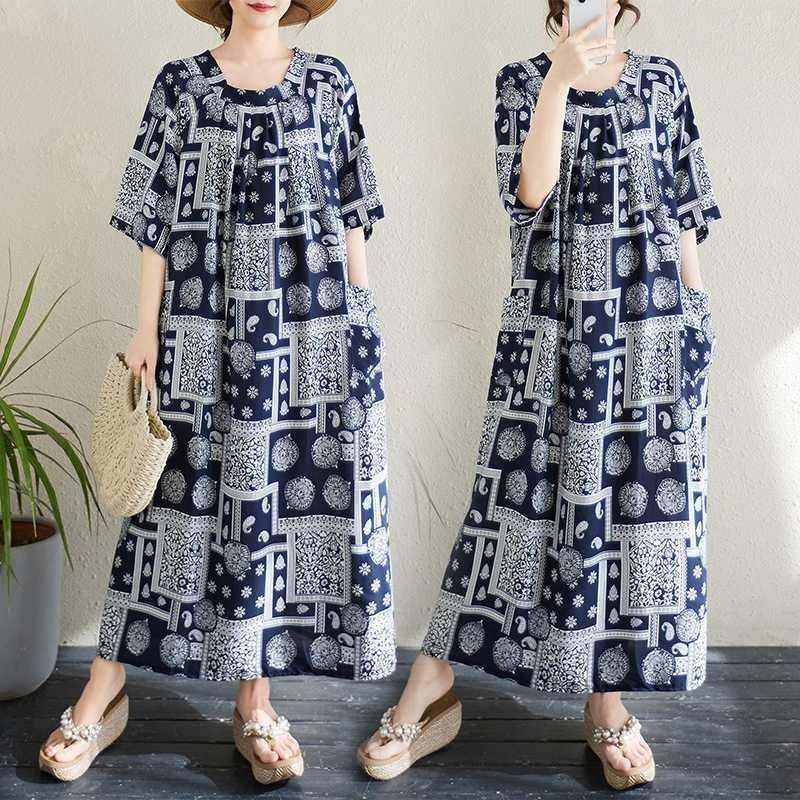 

Женское свободное платье с узором для похудения One size синий