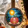 Reusable Halloween Decorative Objects Pumpkin Suncatcher, Stained Glass Style Round Window Hanging Ornament, Acrylic Easy Installation Metal