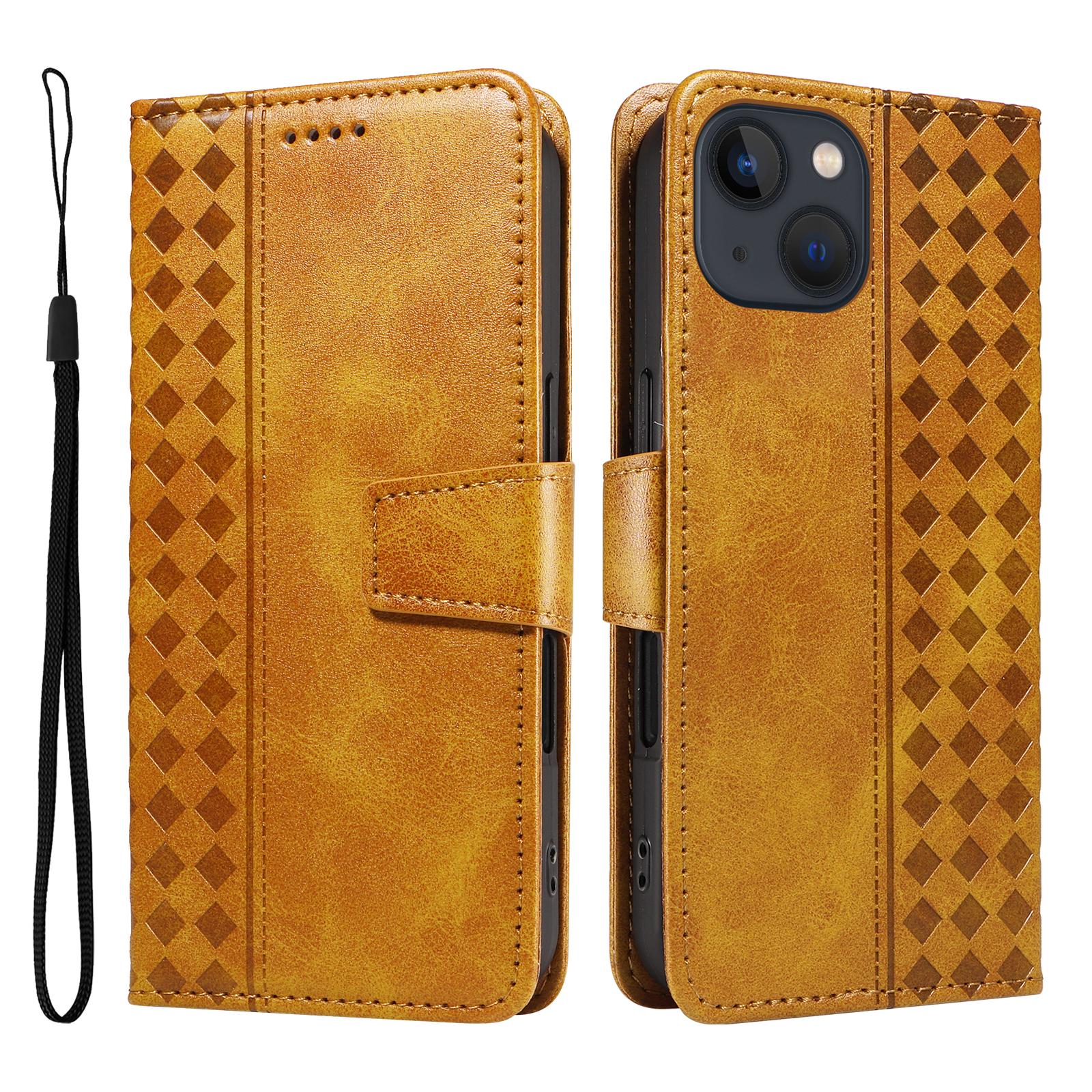 

For iPhone 14 Leather Case Wallet Stand Grids Imprinted Phone Cover with Strap Yellow