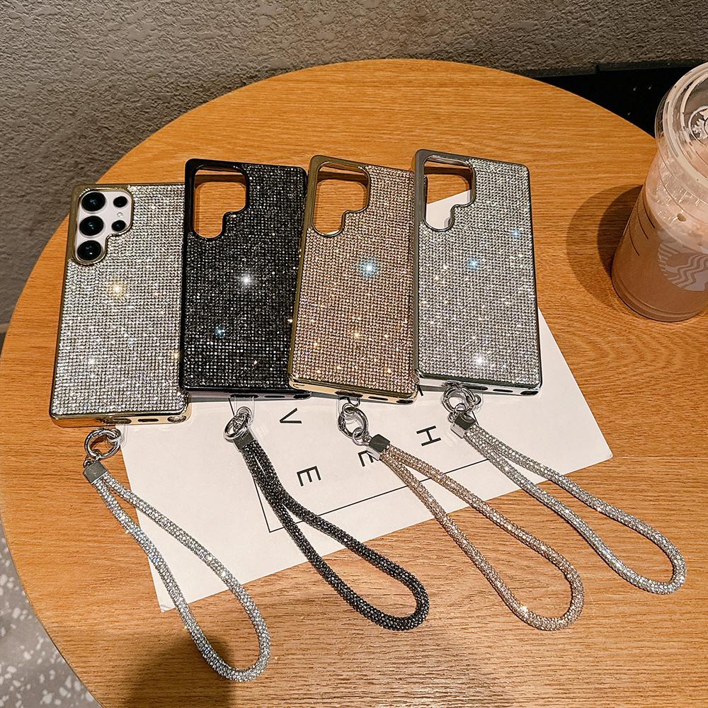 Custodia Lussuosa in Pelle con Diamanti Bling per Samsung S25 Ultra S24 Plus S23 S22 S21 S25U Copertura Protettiva con Glitter Bling Tracolla