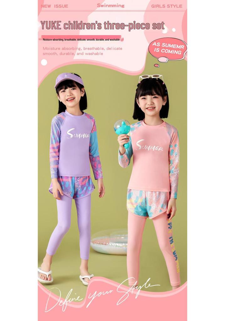 Girls' Two-Piece Long-Sleeve Swimsuit with Sun Protection