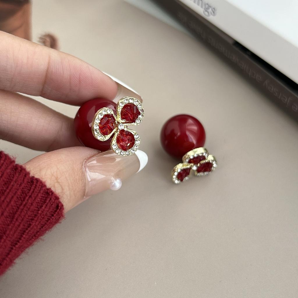 New Year'S Red Flower Round Beads With Diamonds For Women'S Light Luxury High-End Sense Two-Wear Atmosphere Pearl Stud Earrings