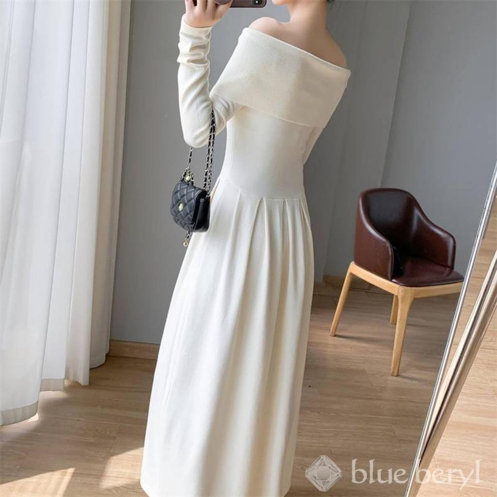 Blue Beryl Knit Fit High Long Women's Off-the-Shoulder Dress, & Flare, Waist, Sleeves, Elegant, Ivory, BB059-IV-M
