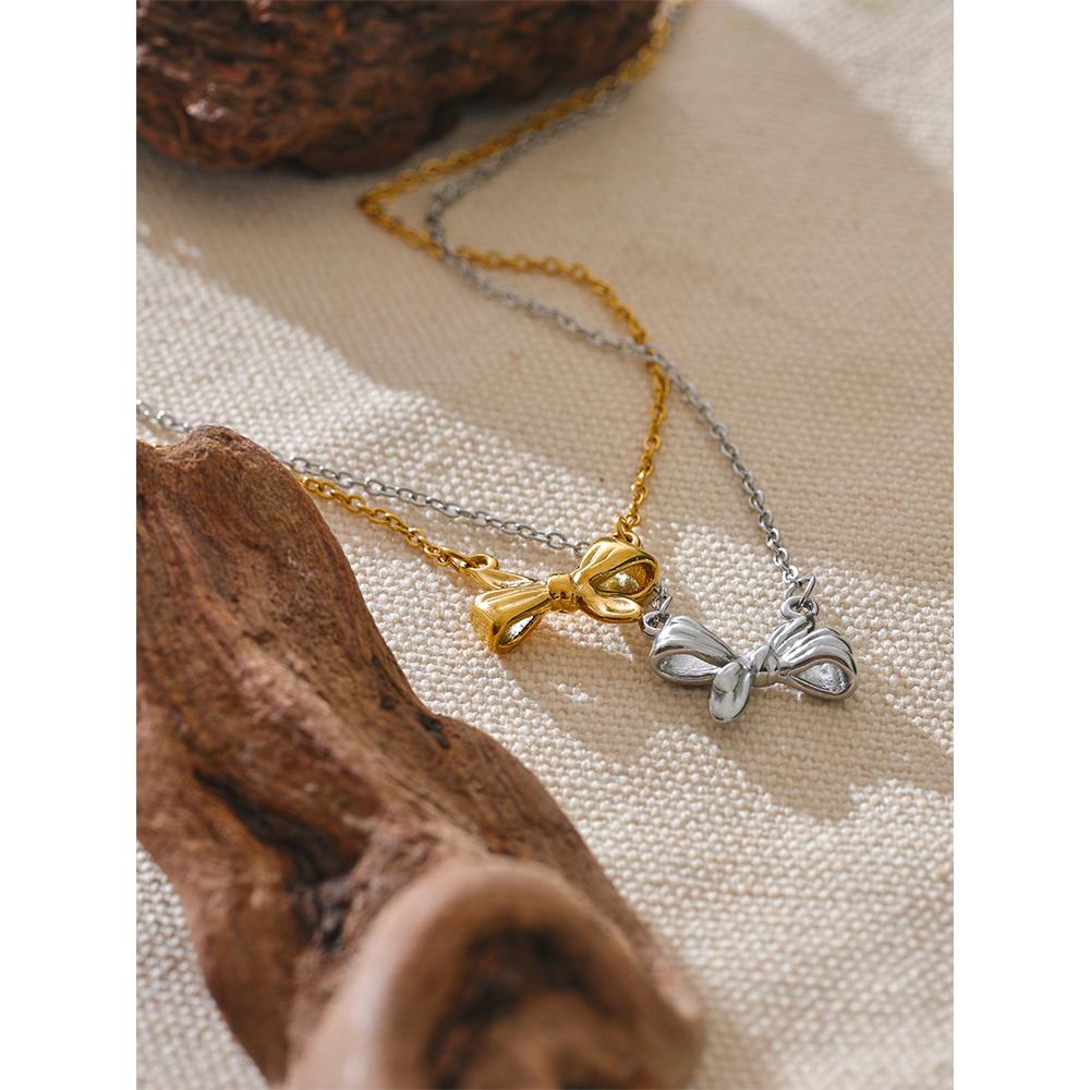 Yhpup Trending Stainless Steel Bowknot Bow Pendant Necklace Waterproof Women Chic Fashion Jewelry Gift Option Best-Selling