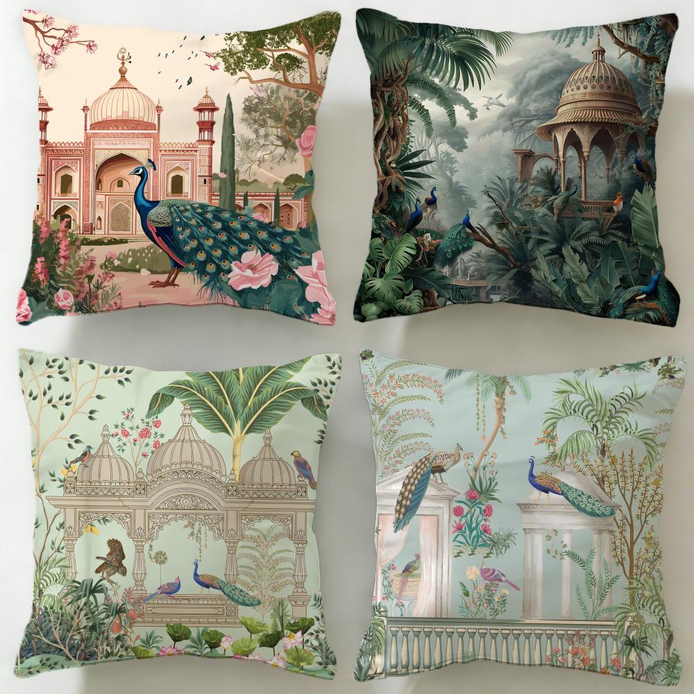 Hot Mmughal Garden with Peacocking Cushion Cover Soft EasyWash Pillow Case Versatile for Couch Bed Travel and Office