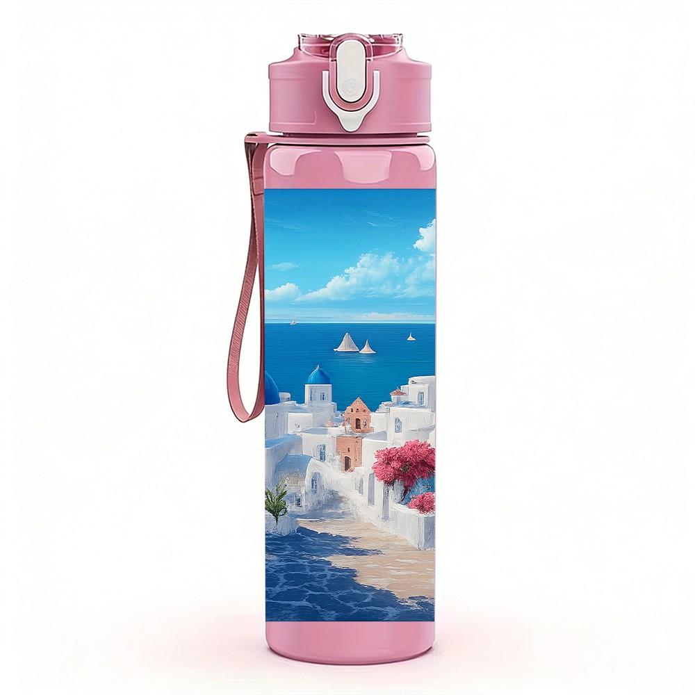 1PC Santorini Blue White Building Print 750ml Color Plastic Sports Water Bottle Leakproof Flip Straw Lid Suitable for Sports Office Home Use