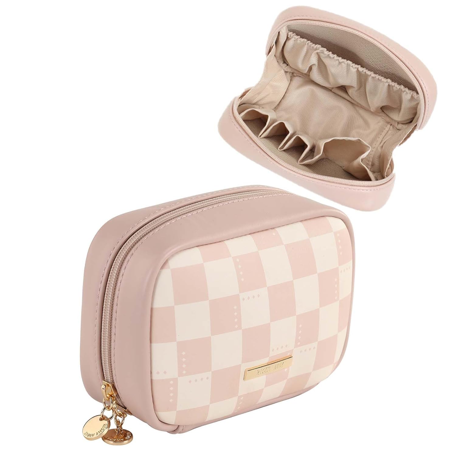 

Cosmetic pouch small size makeup large capacity functional check pattern pink PU leather dividers cushioned portable travel use commuting outing easy