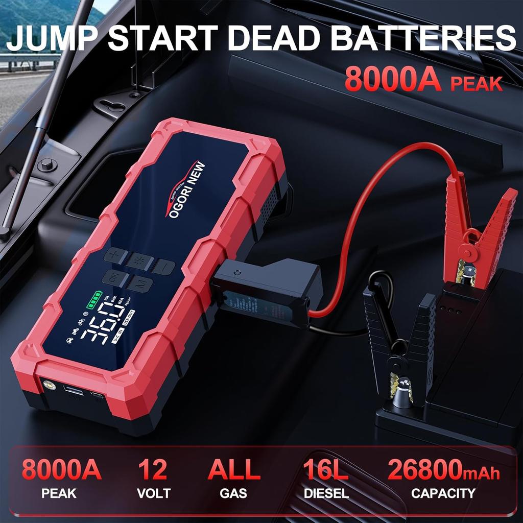 8000A Jump Starter with Air Compressor, 26800mAh, 150PSI Portable Car Battery Booster (12V, All Gas/16L Diesel)