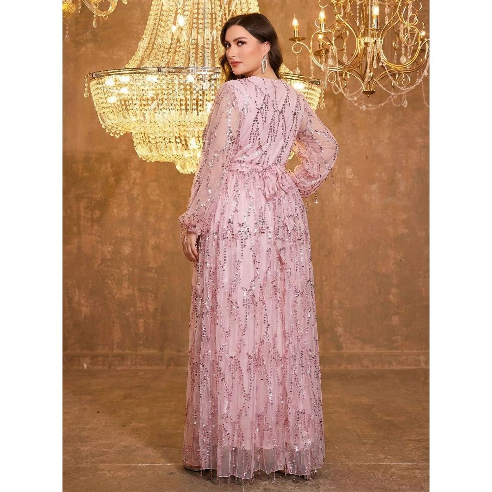 Plus Size Womens Elegant Sequined Bridesmaid Dress V-Neck Long Sleeve Slit Fitted Temperament Wedding Party Dress