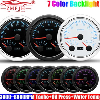 ZMFJH 3000RPM,4000RPM,6000RPM,7000RPM,8000RPM Tachometer+Oil Pressure+Water Temp Gauge 7Color LED 85MM Gauge Car Boat MultiMeter