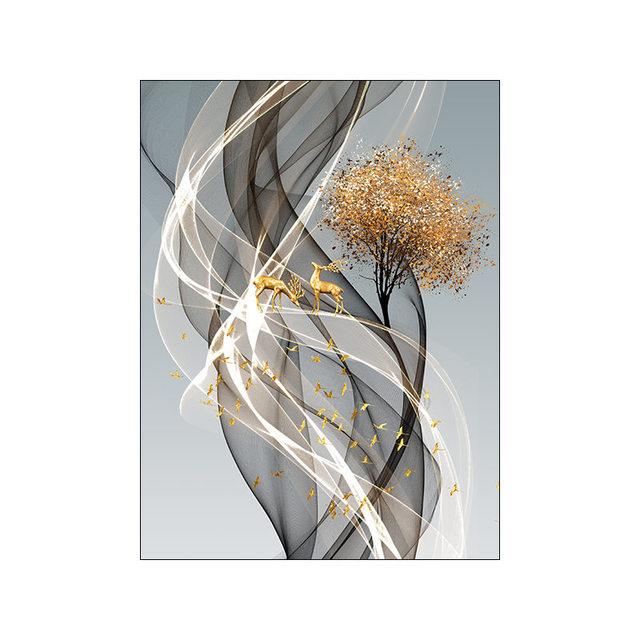 Gold Line Luxury Canvas Painting Nordic Home Decor Wall Art Deer Poster and Print Abstract Minimalist Art for Living Room Design