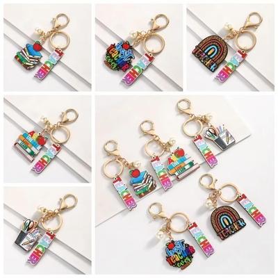Wooden Material Teacher's Day Keychain Rainbow Colorful English Letter Charm Wooden Keychain Text Keychain Bag Charms