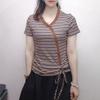 Large Size Women's Clothing Summer New Style Withdrawal Lace-up Short-sleeved Striped T-shirt Foreign Korean Version Thin Top
